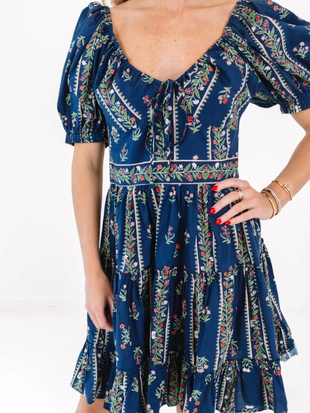 Pinch Boutique Navy Blue Floral Tiered Mini Dress Large NWT 100% Cotton Feminine - Picture 2 of 9